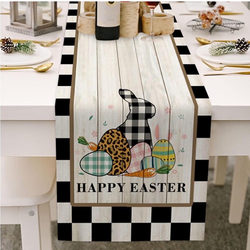 🐰 Easter Bunny Table Runner - Black and White Check